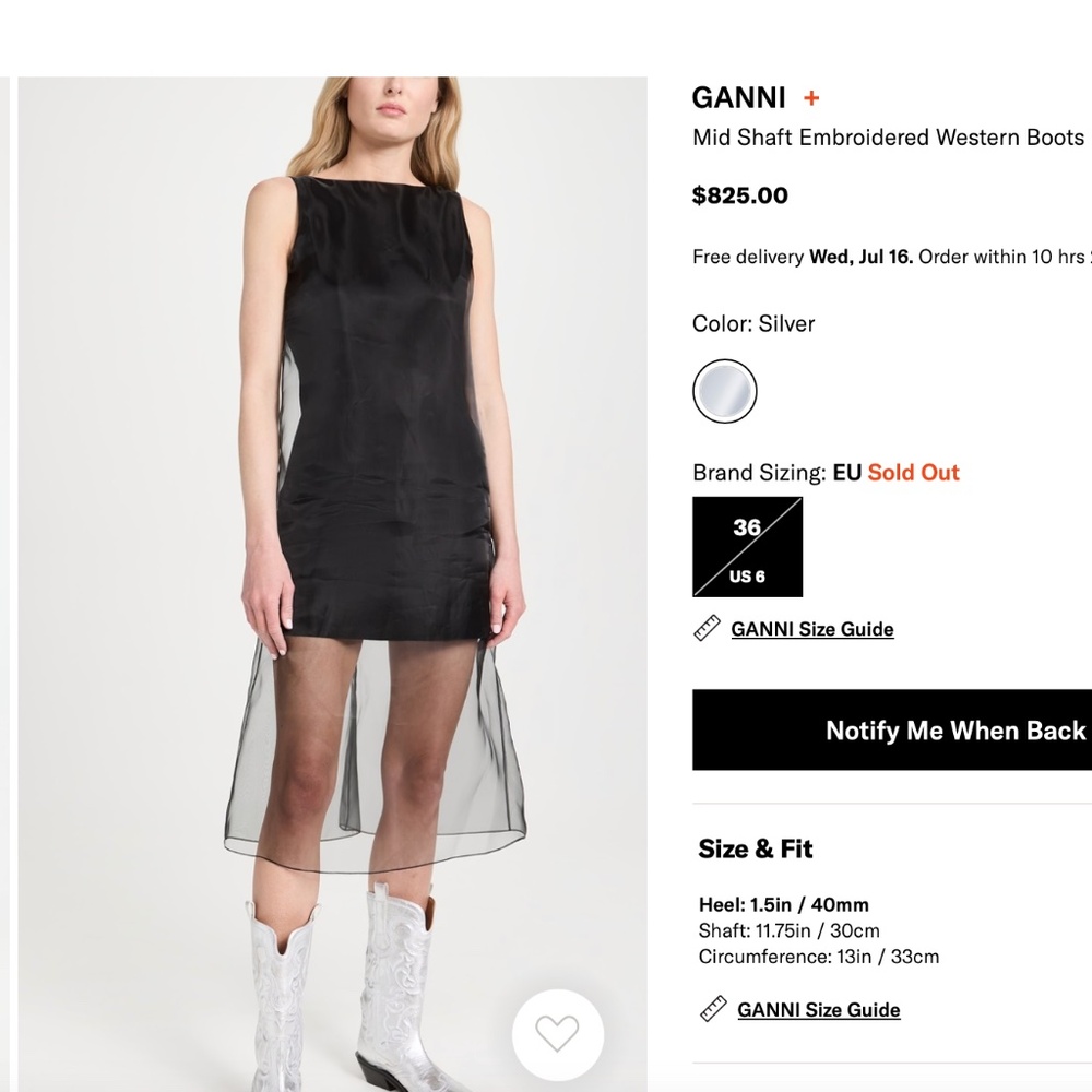 NEW without box Ganni chrome Cowboy Boot